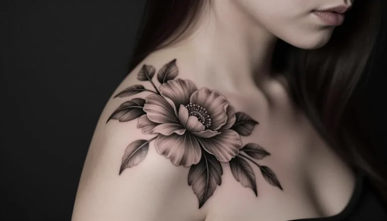 Красивая черно-белая татуировка на плече женщины.