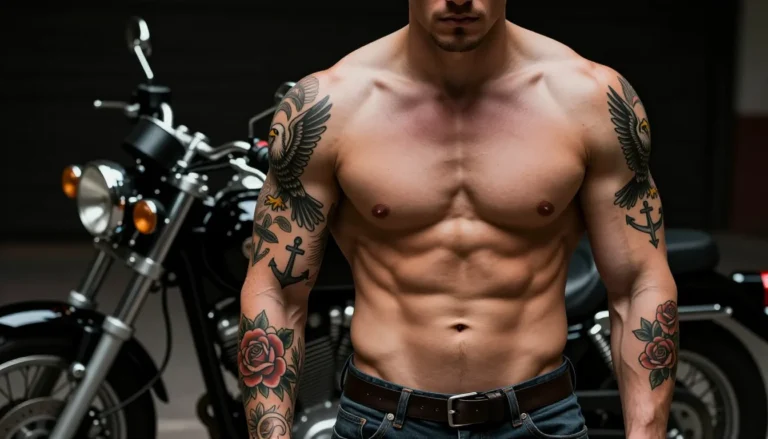 Мужчина с татуировками в стиле олдскул.